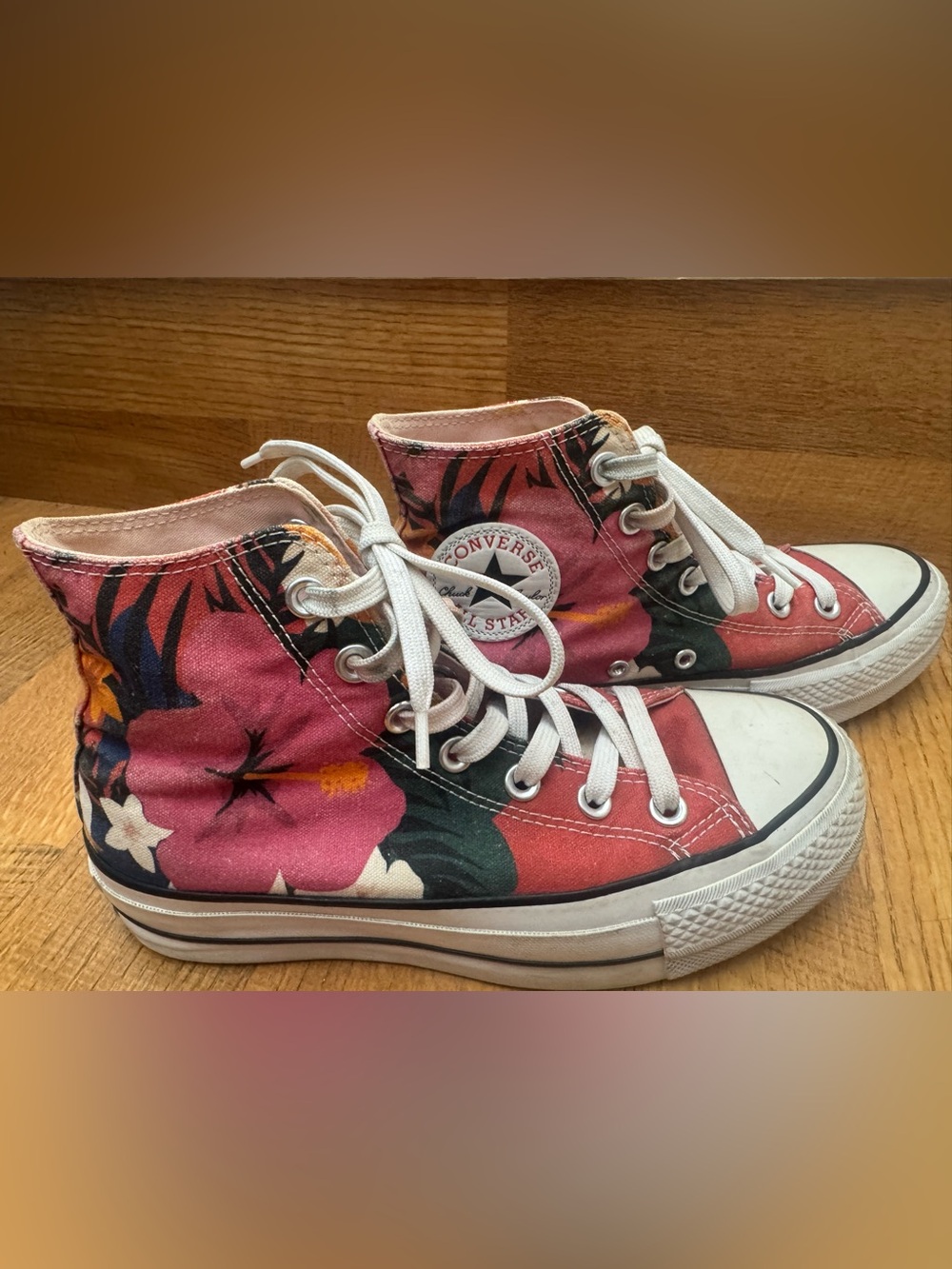Converse High Top platform Floral Canvas Sneakers - Pink, White, Green